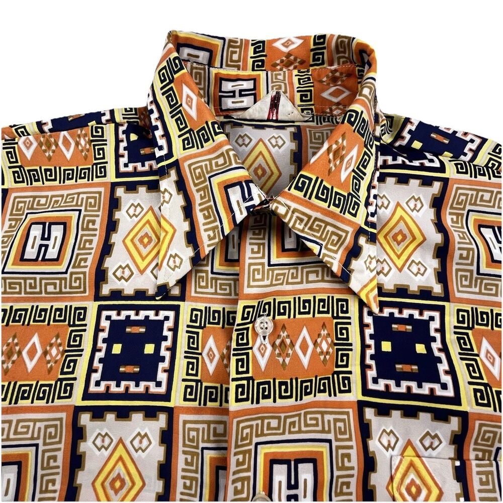 Vintage ENVOY Shirt Mens Large 16.5 Geometric 60s 70s Disco Collar Colorful